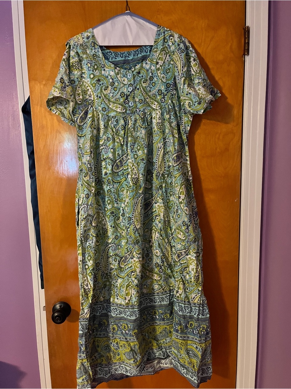 Women's Green Paisley Short-Sleeve Maxi Dress- 70s vintage